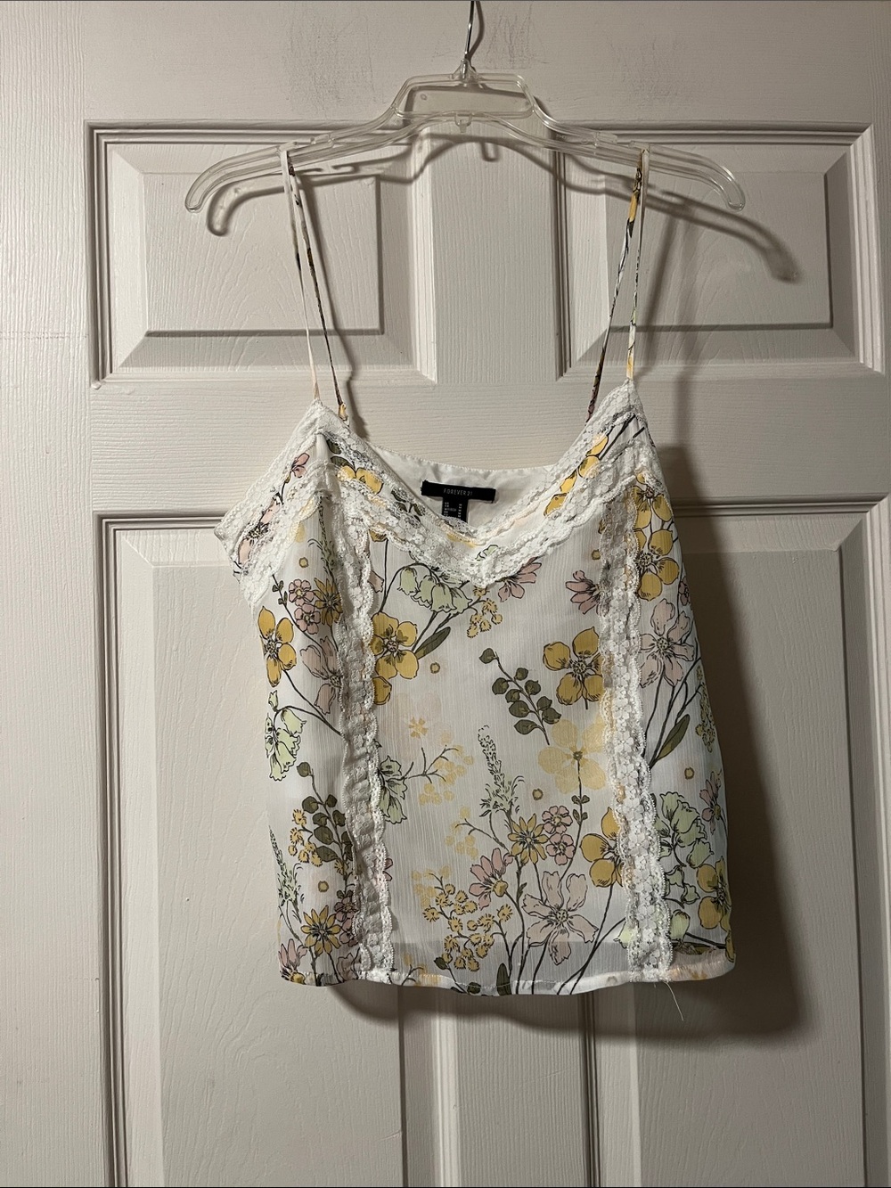 Forever 21 White Floral Lace Trim Cami with Yellow Accents